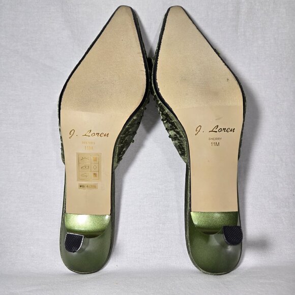 Vintage Y2K Hipster Fairy Hunter Green Floral Beaded Pointed Toe Mules Size 11M. - Picture 13 of 17